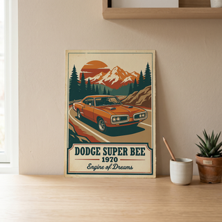 Dodge Super Bee 1970 V2 Poster — Vintage Muscle Mountain Pine Sunset Print