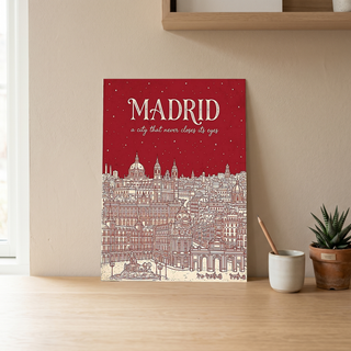 Madrid Line Art Print — Cherry Red Royal Palace Plaza Mayor Skyline Wall Art