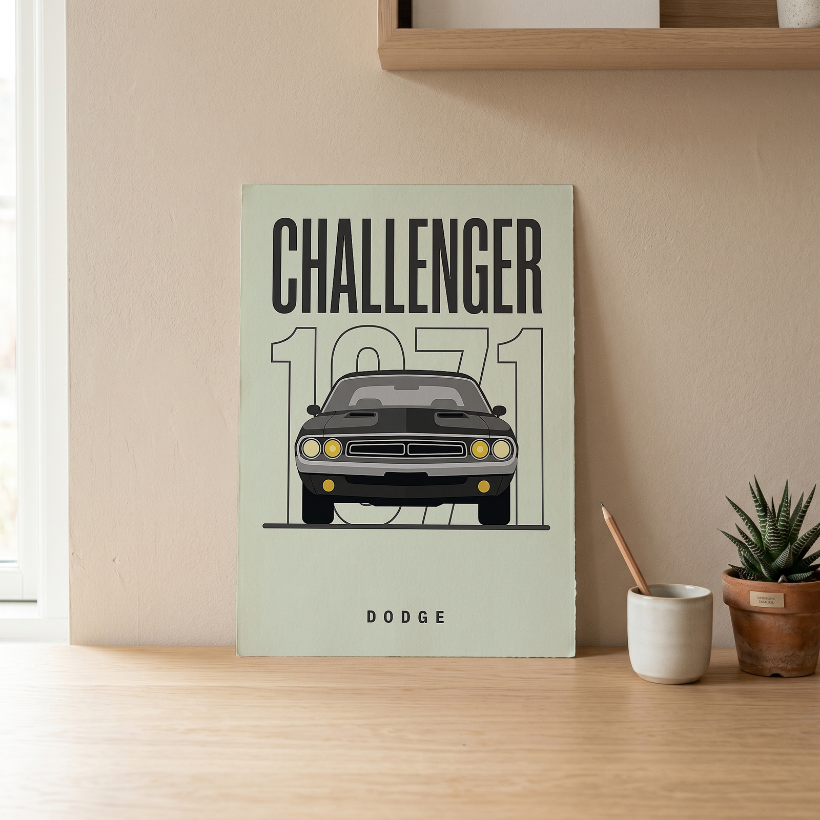 Dodge Challenger 1971 Minimalist Poster — Mint Sage Muscle Car Line Art