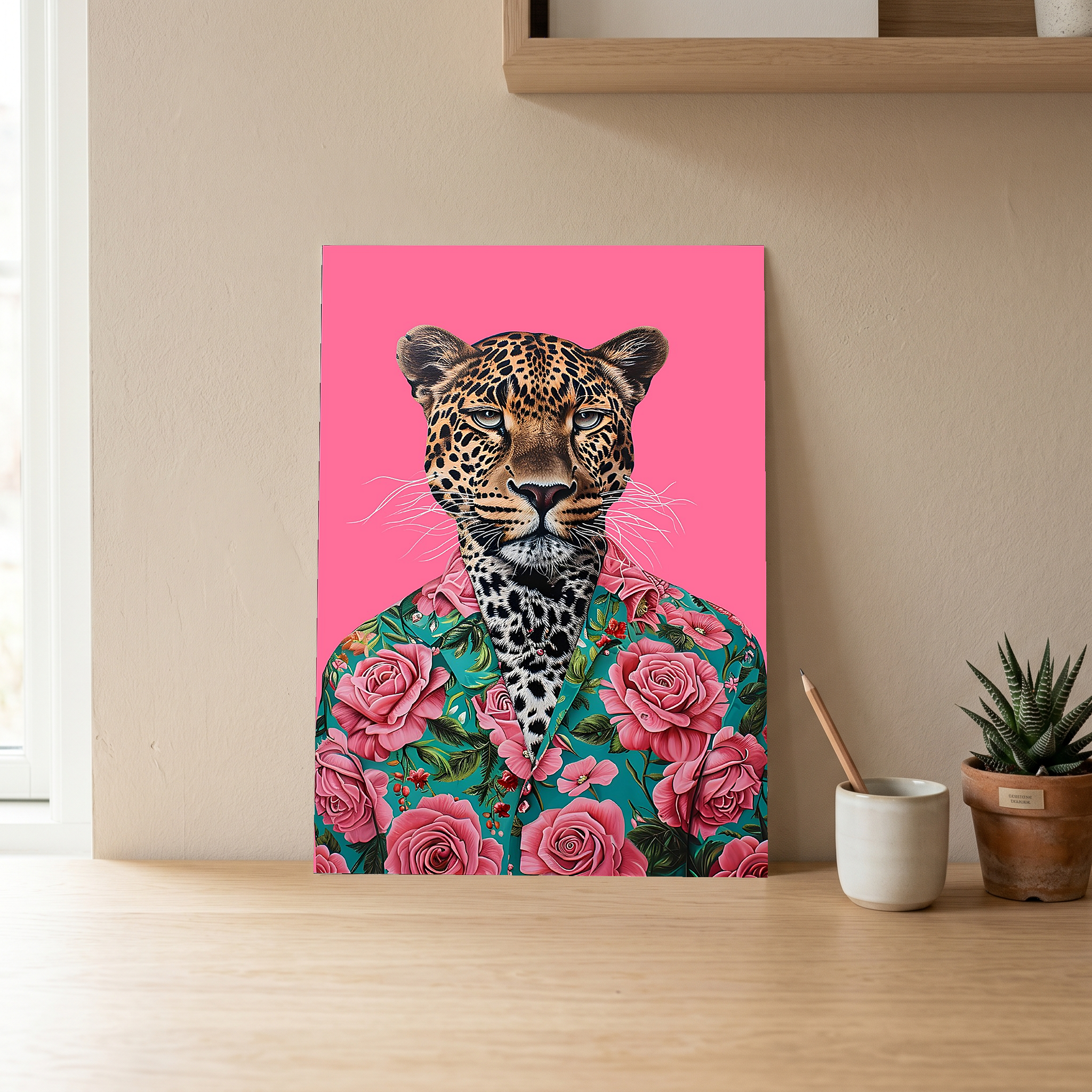 Floral Leopard Wall Art Print — Botanical Animal Poster