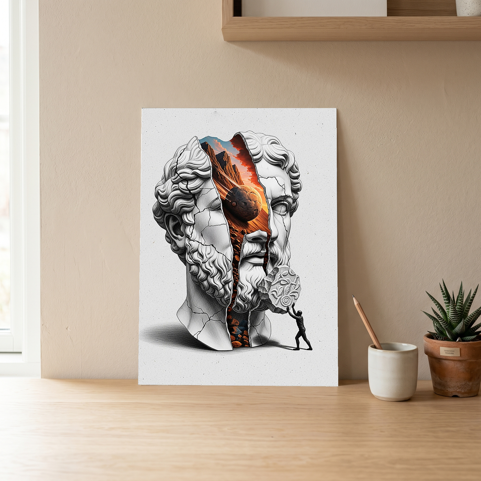 Sisyphus Eternal Struggle — Surreal Heracles Bust Wall Art Print