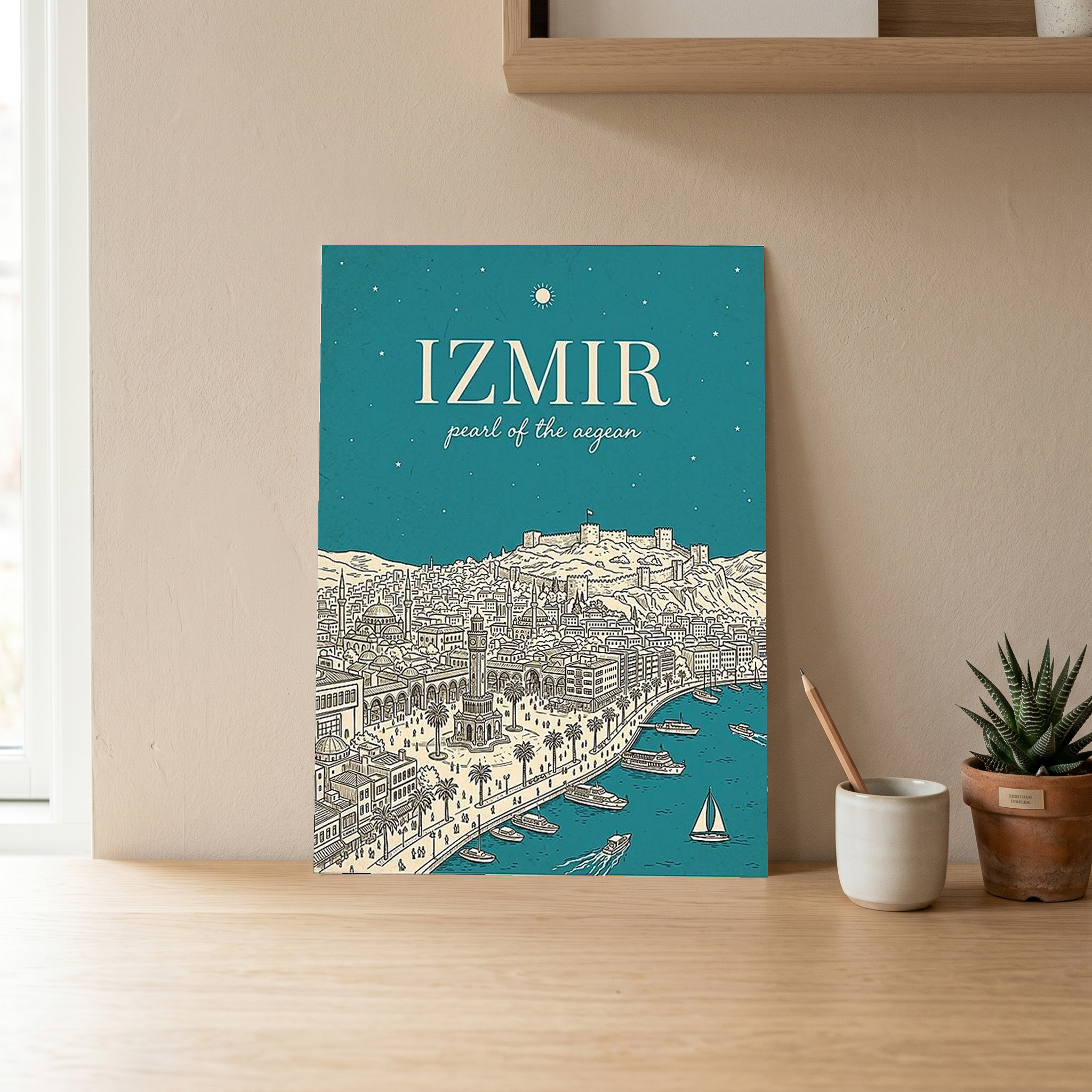 İzmir Line Art Print — Teal Clock Tower Kadifekale Aegean Coast Wall Art