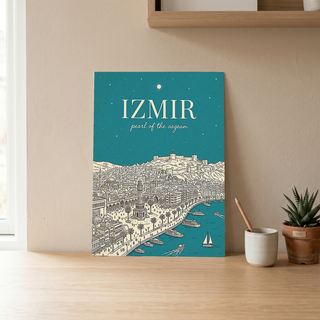 İzmir Line Art Print — Teal Clock Tower Kadifekale Aegean Coast Wall Art