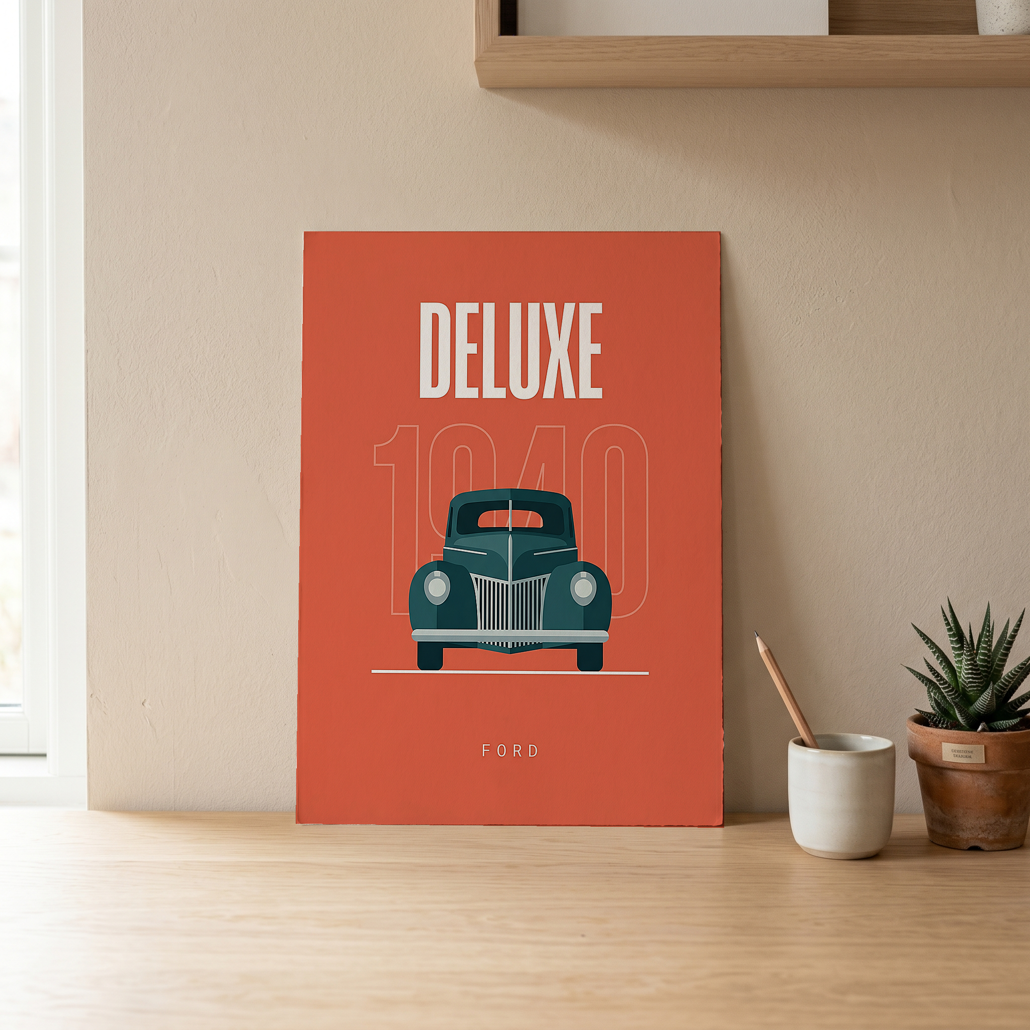 Ford Deluxe 1940 Minimalist Poster — Coral Pre-War Classic Line Art