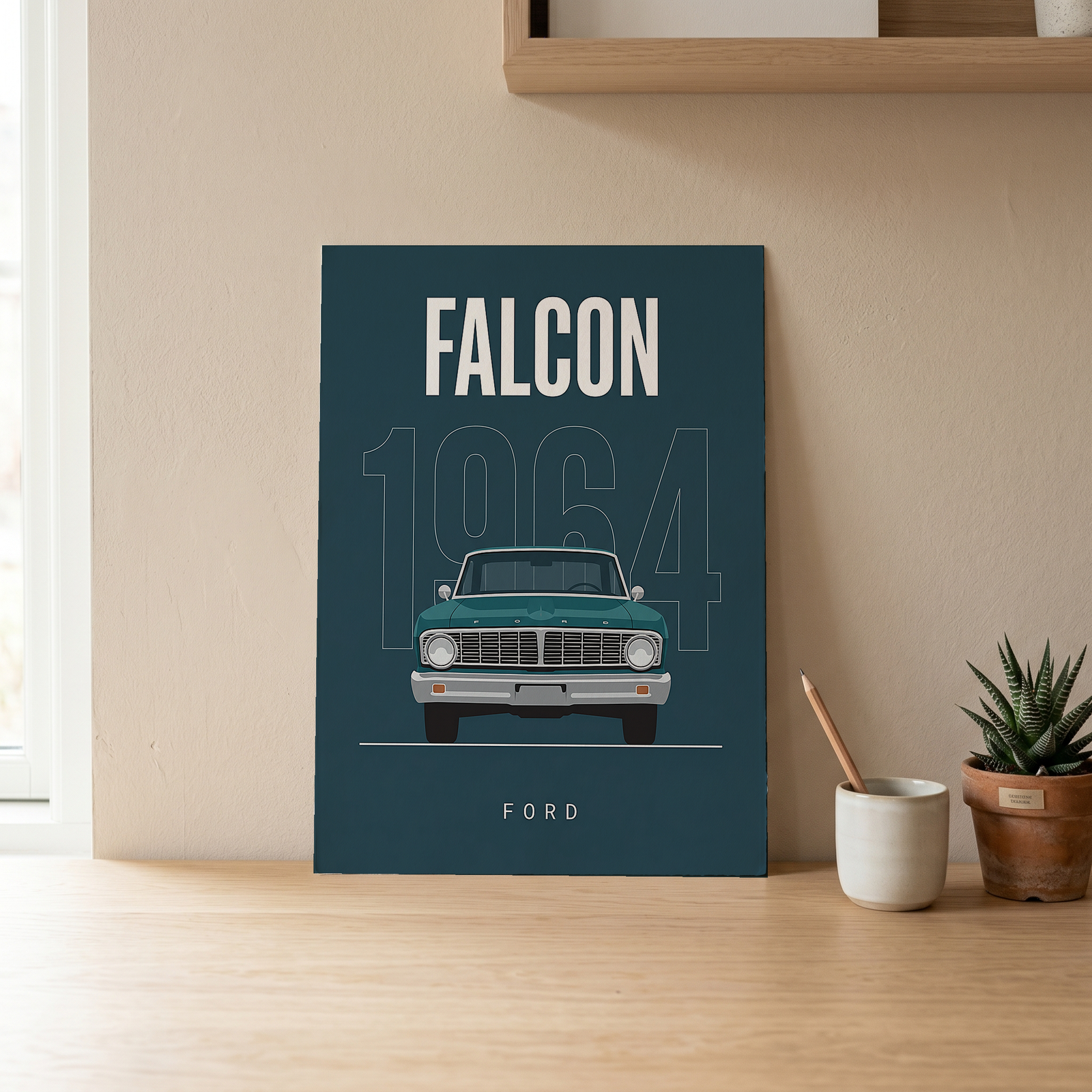 Ford Falcon 1964 Minimalist Poster — Teal Compact Muscle Line Art