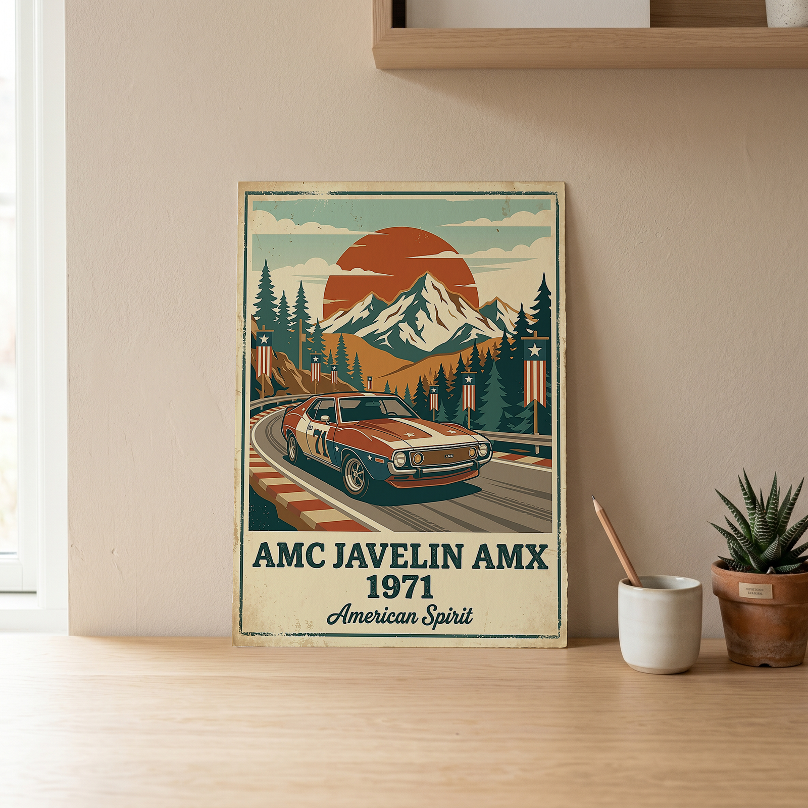 AMC Javelin AMX 1971 Poster — Vintage Muscle Car Race Track Mountain Print