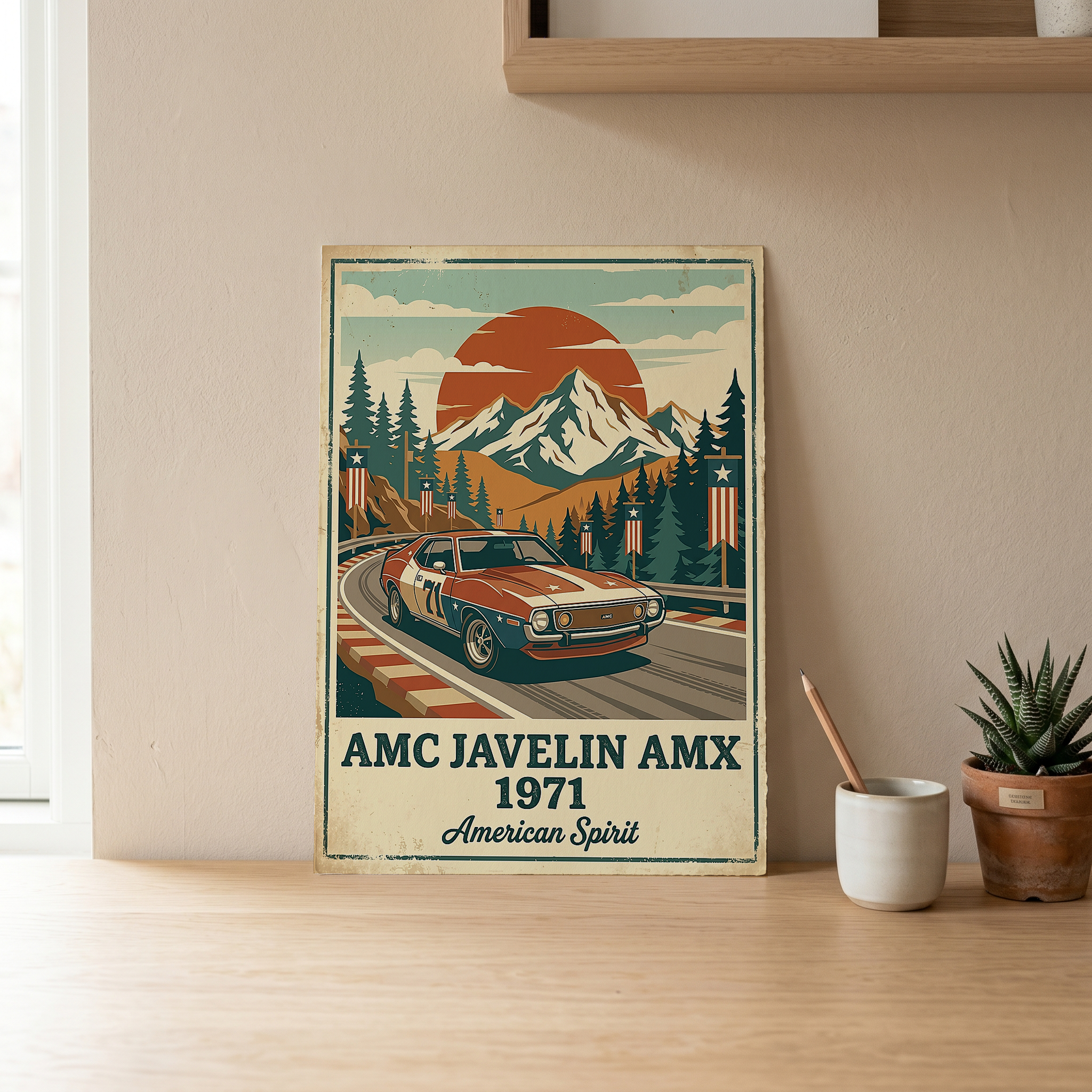 AMC Javelin AMX 1971 Poster — Vintage Muscle Car Race Track Mountain Print