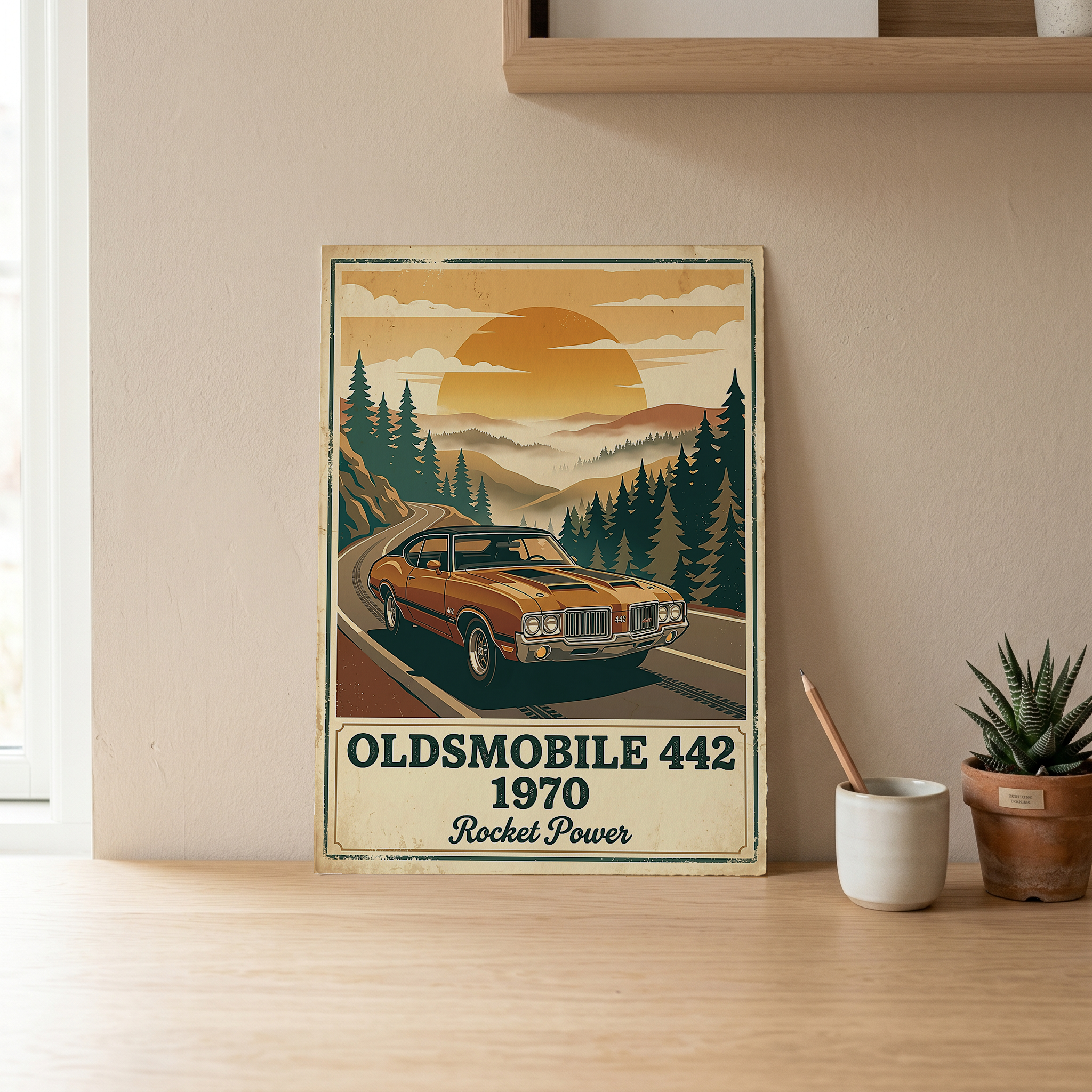 Oldsmobile 442 1970 Poster — Vintage Muscle Car Mountain Pine Print