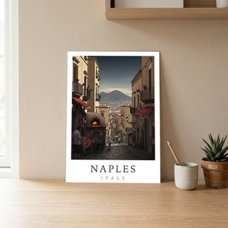 Naples Italy Travel Poster — Vesuvius Pizza Street Scene Print