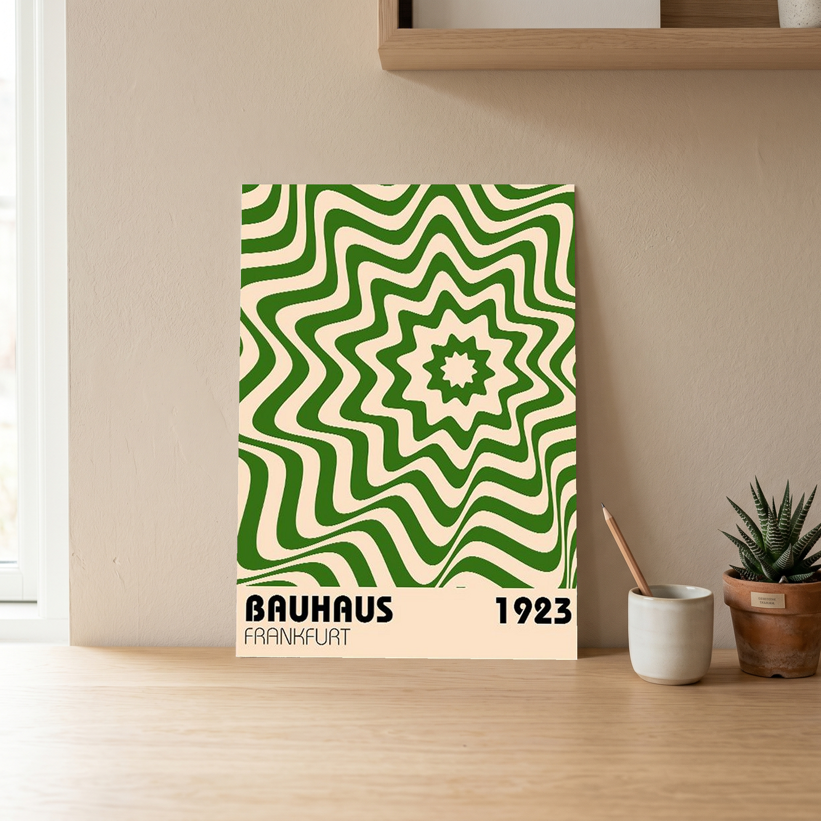 Bauhaus Frankfurt 1923 Poster - Green Geometric Wavy Star Print