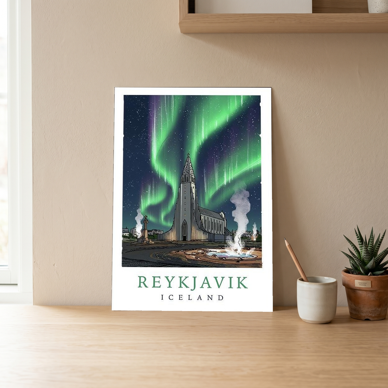 Reykjavik Iceland Travel Poster — Hallgrímskirkja Northern Lights Print