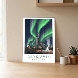 Reykjavik Iceland Travel Poster — Hallgrímskirkja Northern Lights Print