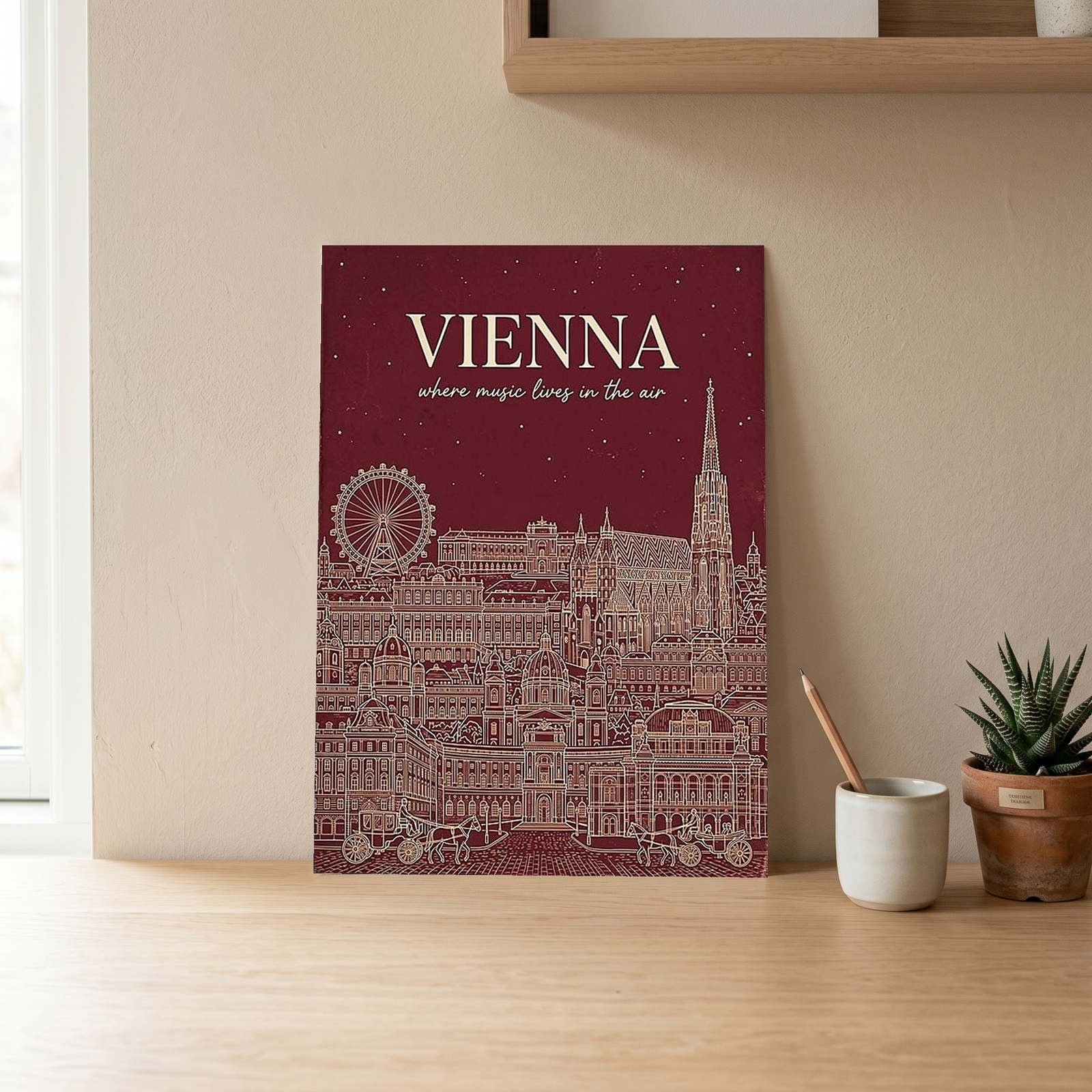 Vienna Line Art Print — Cherry Red St. Stephen's Cathedral Skyline Wall Art