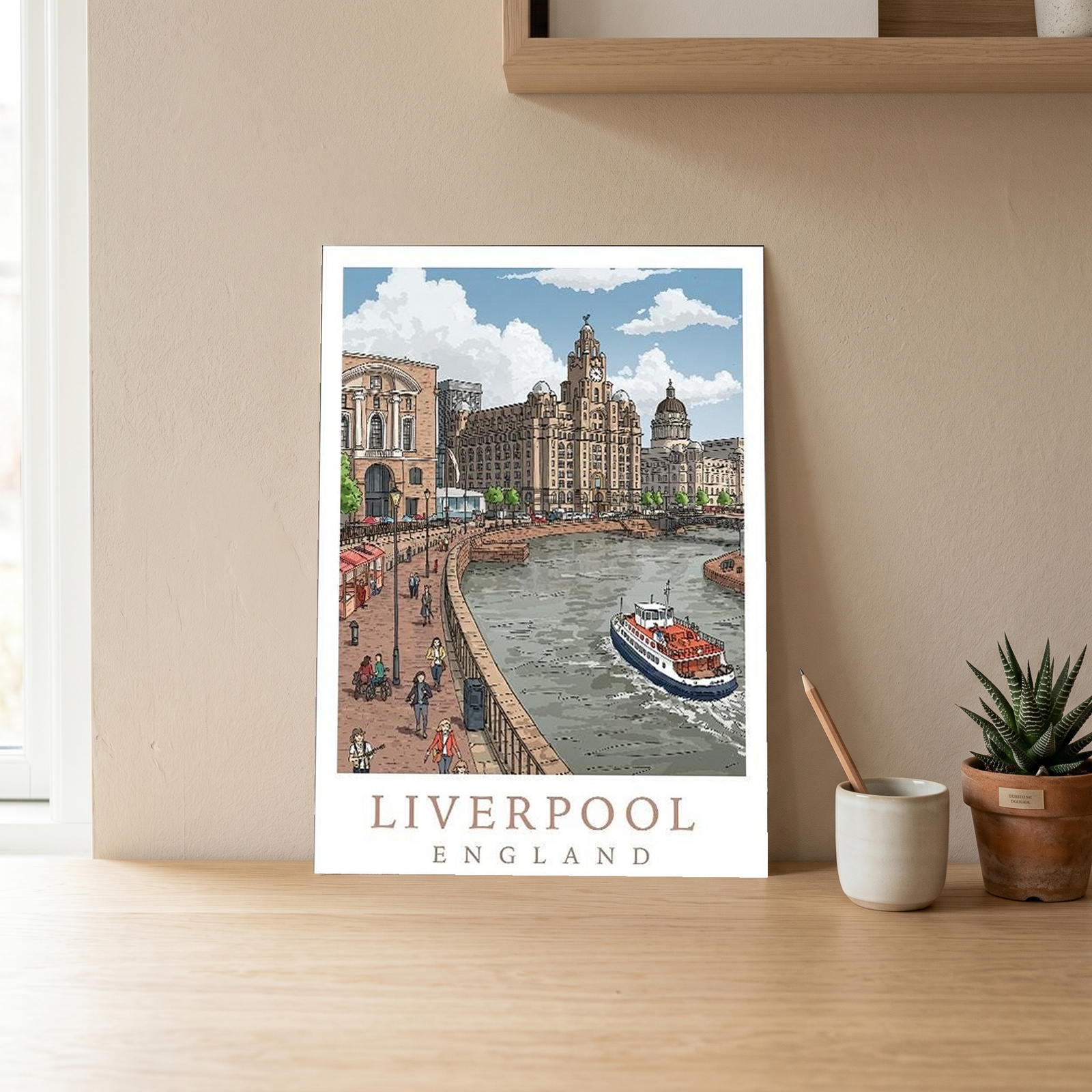 Liverpool England Travel Poster — Pier Head Liver Building Waterfront Print