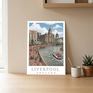 Liverpool England Travel Poster — Pier Head Liver Building Waterfront Print