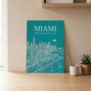 Miami Line Art Print — Teal South Beach Skyline Art Deco Wall Art