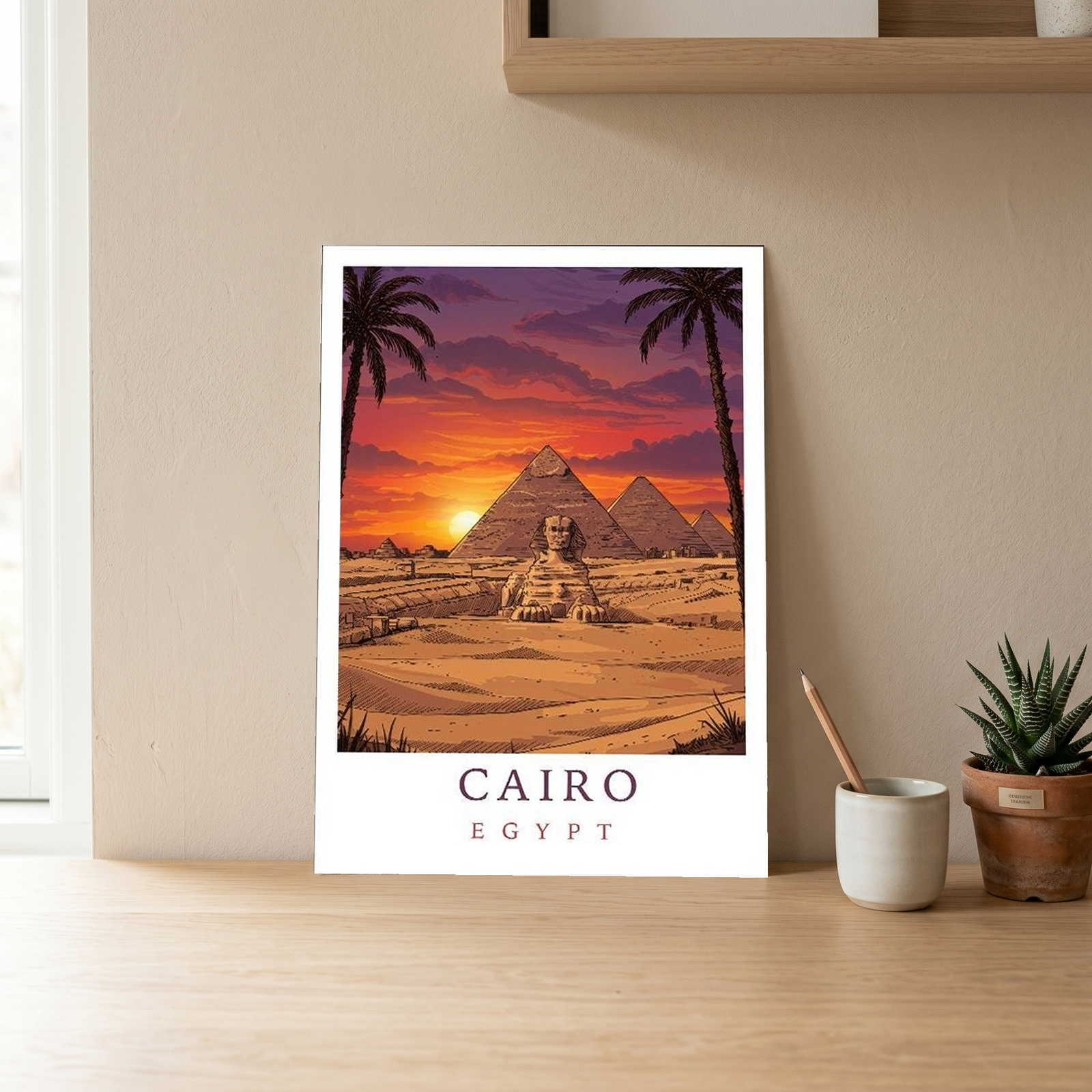 Cairo Egypt Travel Poster — Pyramids Sphinx Sunset Wall Art Print
