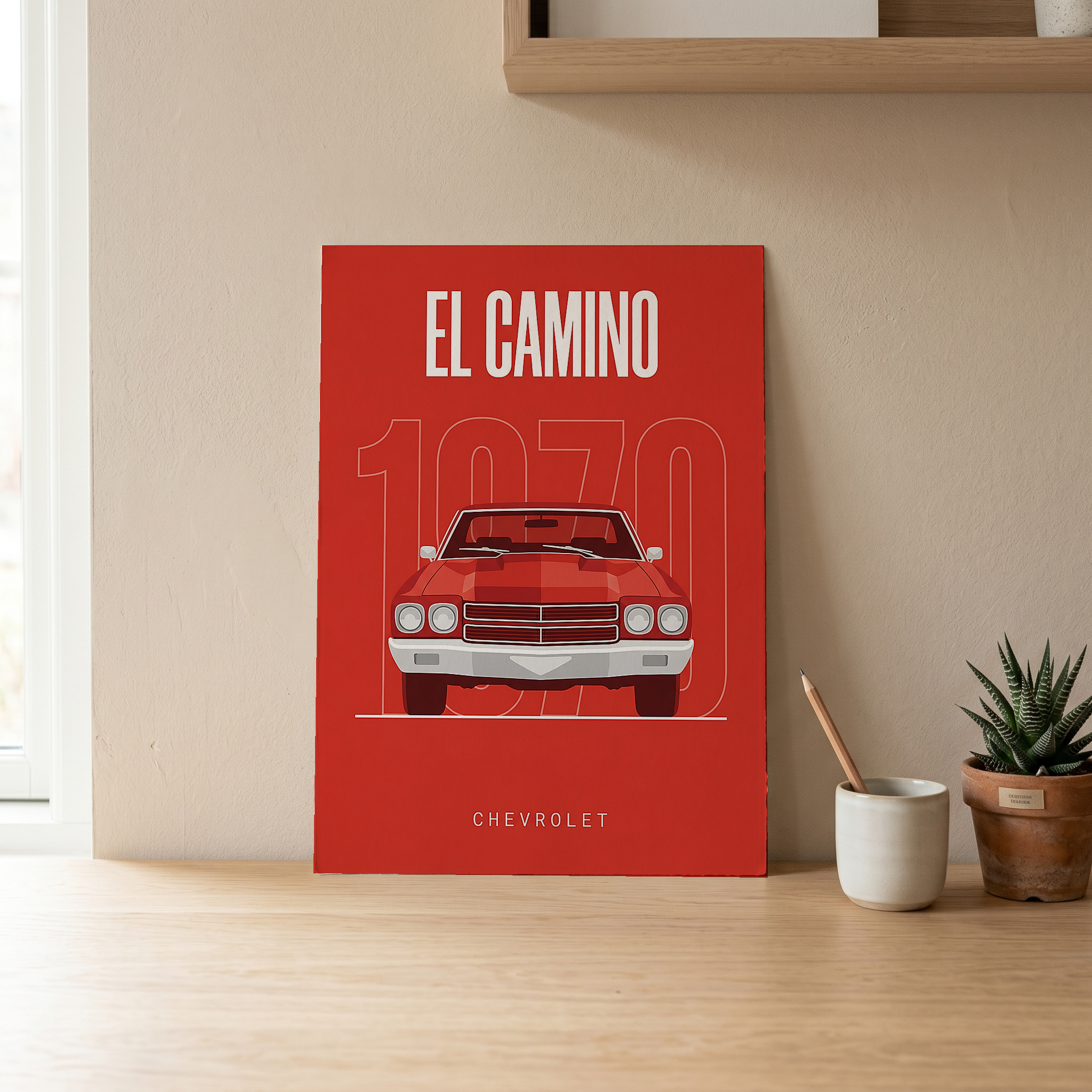 Chevrolet El Camino 1970 Minimalist Poster — Red Muscle Truck Line Art