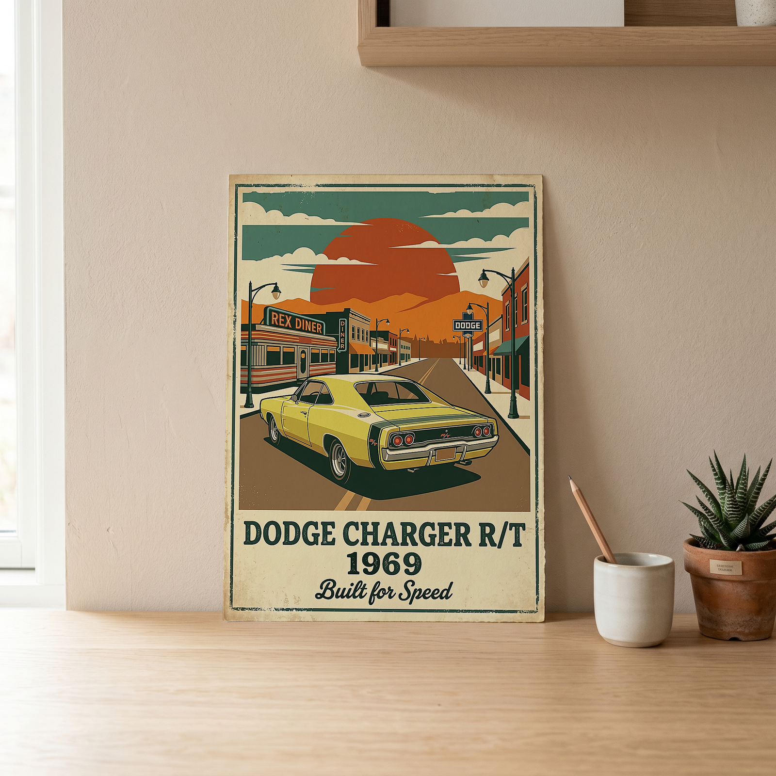 Dodge Charger R/T 1969 Yellow Edition — Vintage Muscle Diner Main Street Print