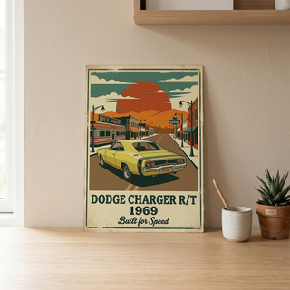 Dodge Charger R/T 1969 Yellow Edition — Vintage Muscle Diner Main Street Print