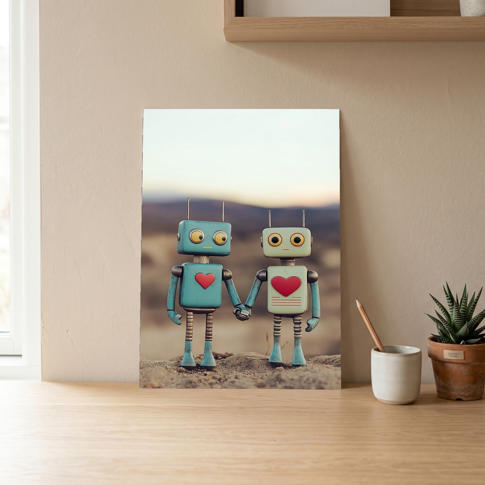 Tin Can Love Wall Art Print — Whimsical Robot Romance Poster
