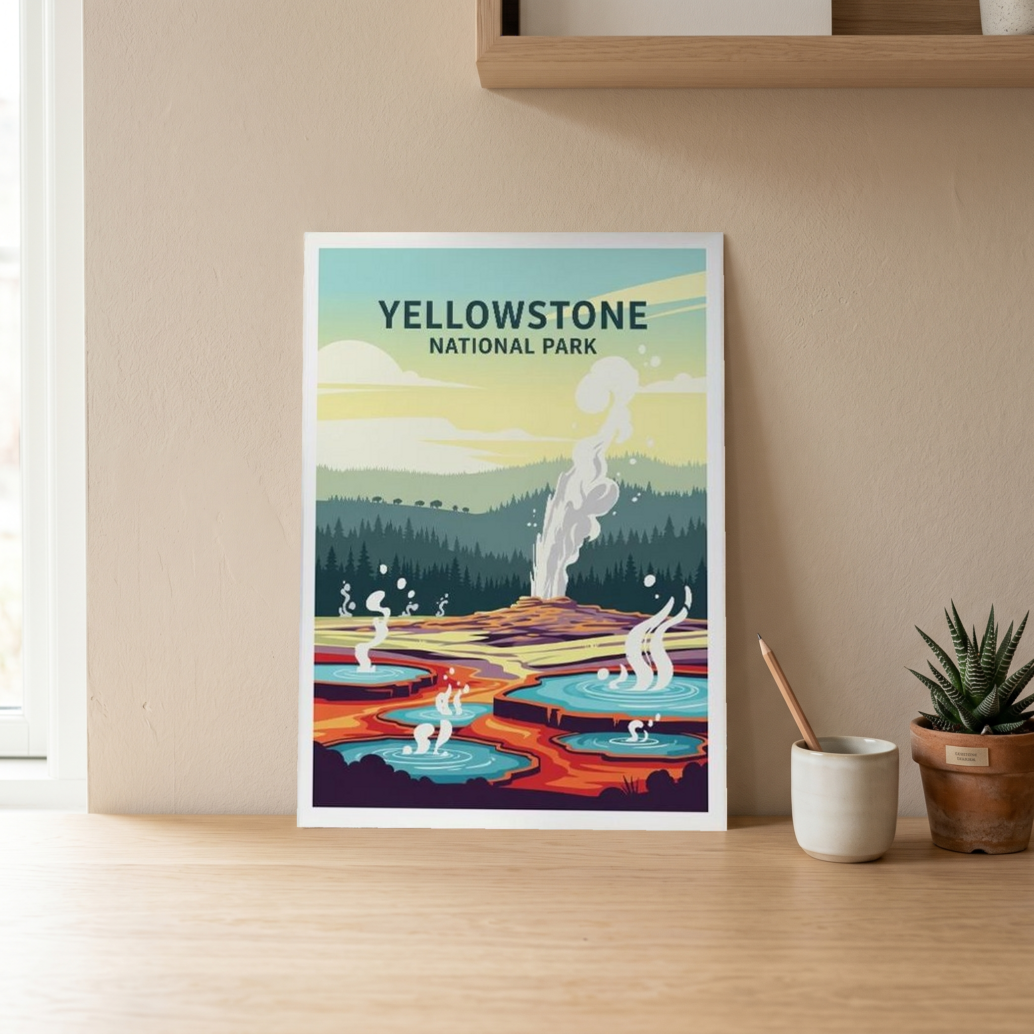 Yellowstone National Park Poster — Vintage Old Faithful Grand Prismatic Spring Print