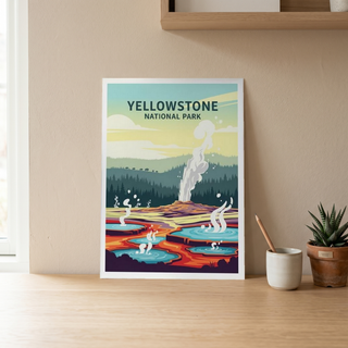 Yellowstone National Park Poster — Vintage Old Faithful Grand Prismatic Spring Print