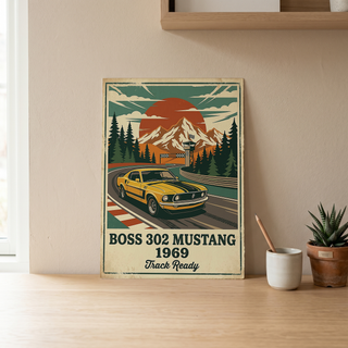 Boss 302 Mustang 1969 Poster — Vintage Muscle Car Race Track Print