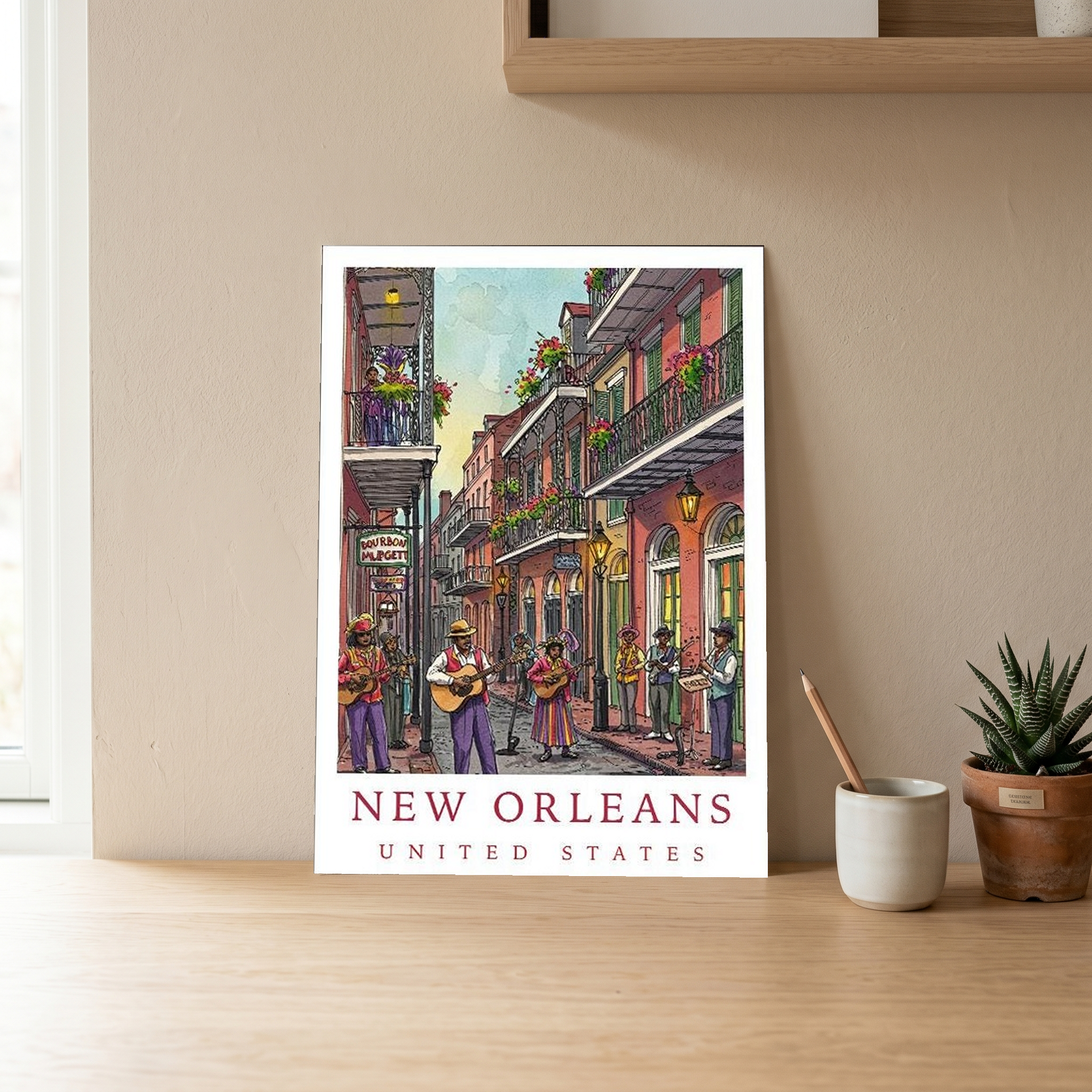 New Orleans Travel Poster — French Quarter Jazz Buskers Street Print