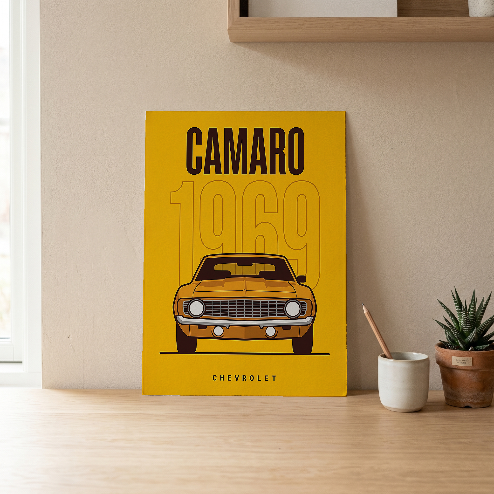 Chevrolet Camaro 1969 V2 Yellow Minimalist Poster — Muscle Car Line Art