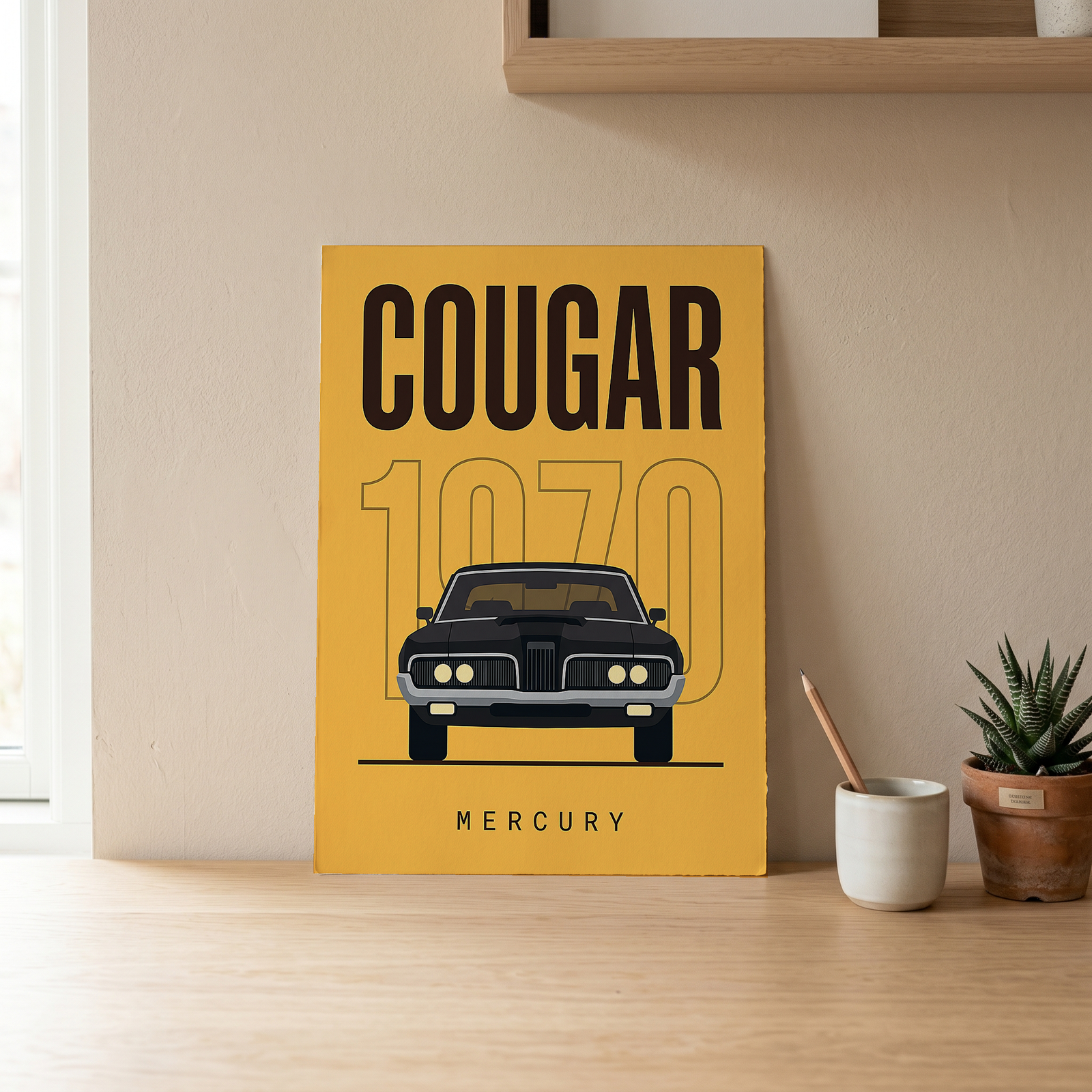 Mercury Cougar 1970 Minimalist Poster — Golden Yellow Muscle Car Line Art