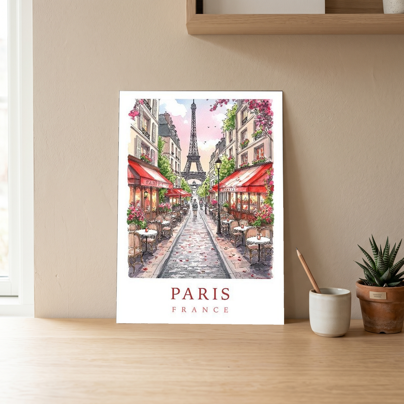 Paris France Travel Poster — Eiffel Tower Street Cafe Print