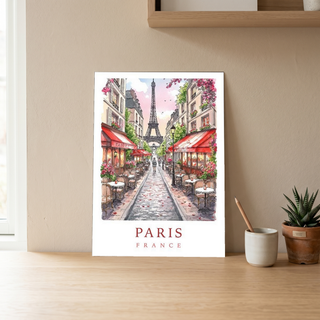 Paris France Travel Poster — Eiffel Tower Street Cafe Print