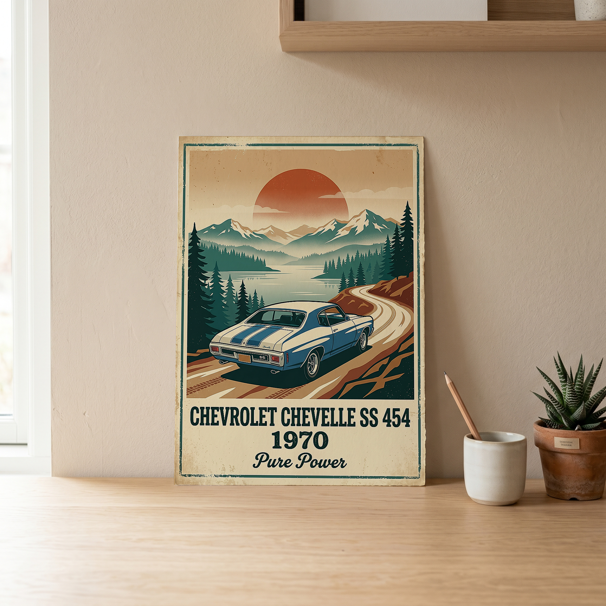 Chevrolet Chevelle SS 454 1970 Sky Blue Poster — Vintage Muscle Car Mountain Lake Print