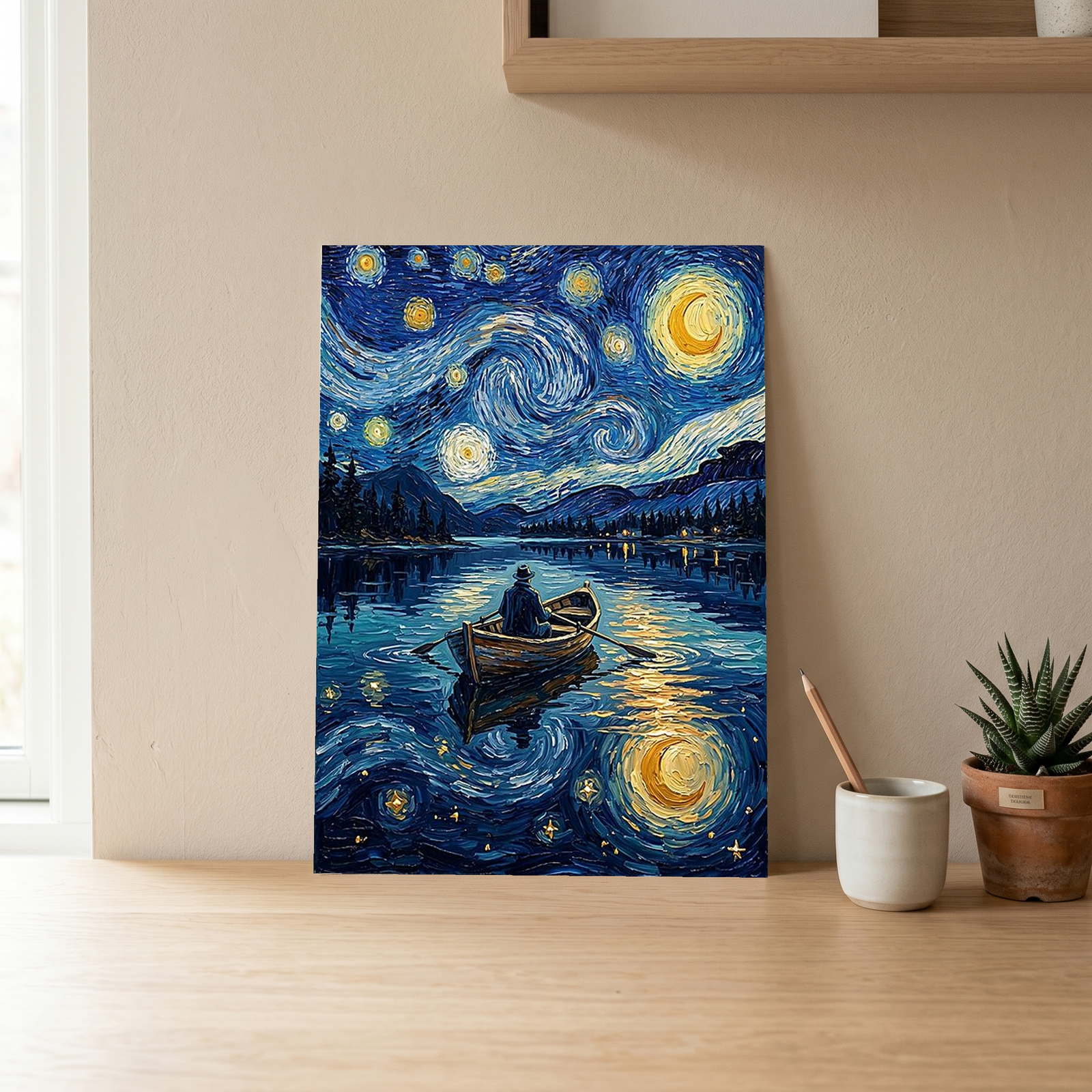 Moonlit Lake Rowboat Print — Van Gogh-Style Night Fishing Cabin Wall Art