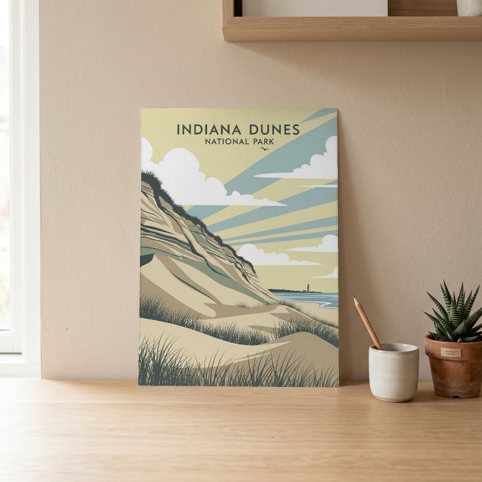 Indiana Dunes National Park Poster — Vintage Lake Michigan Lighthouse Print