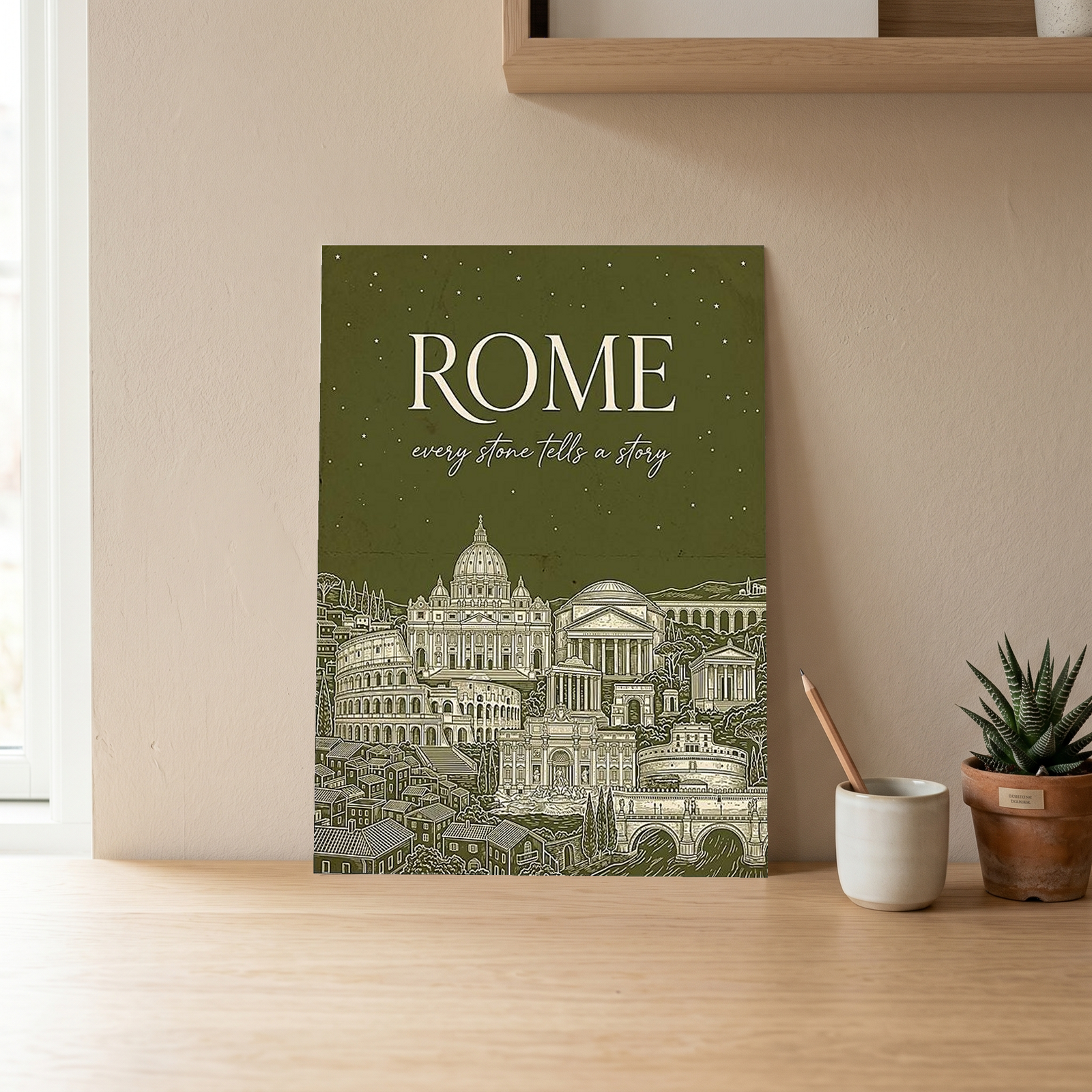 Rome Line Art Print — Olive Green Colosseum Vatican Skyline Wall Art
