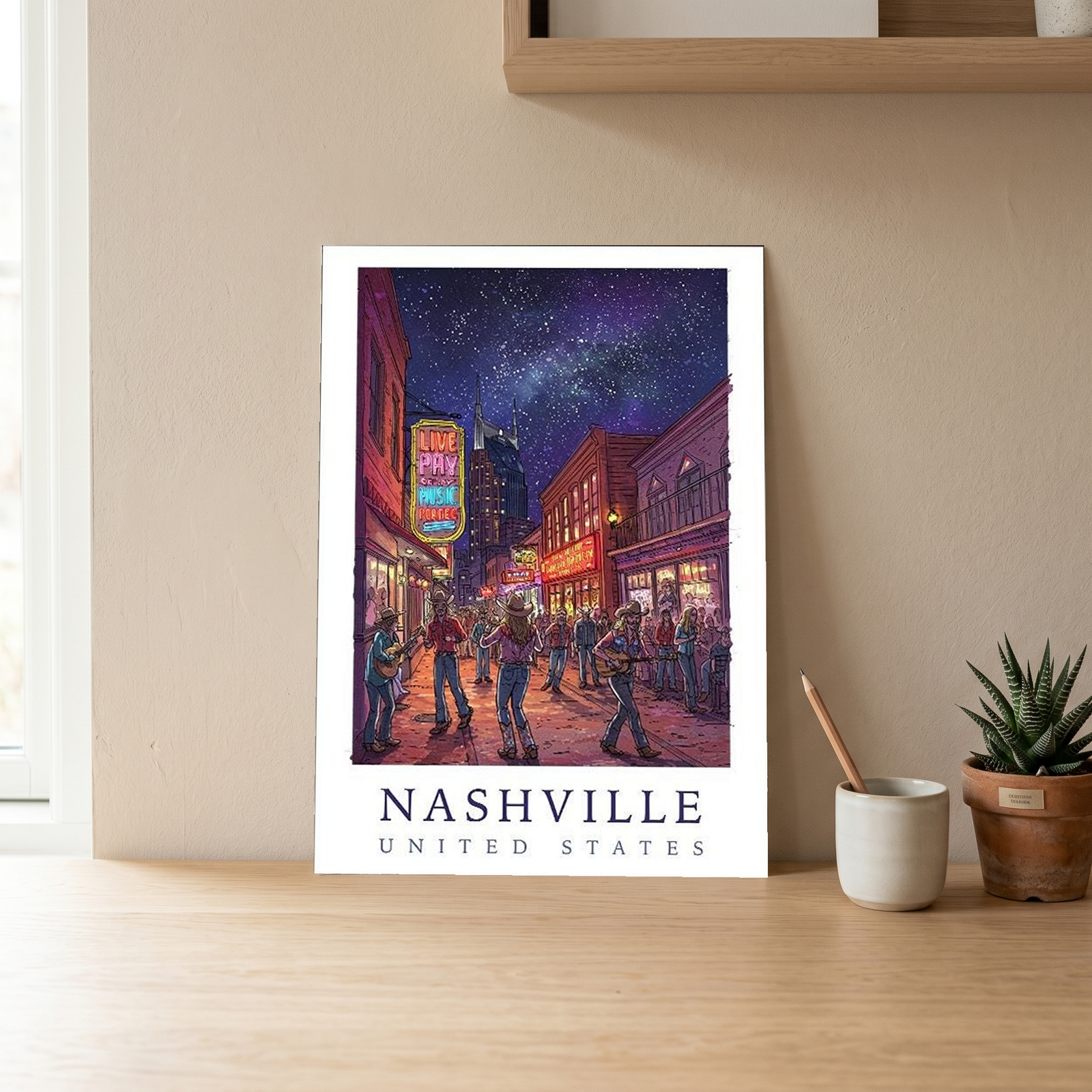 Nashville Travel Poster — Music City Broadway Honky Tonks Night Print
