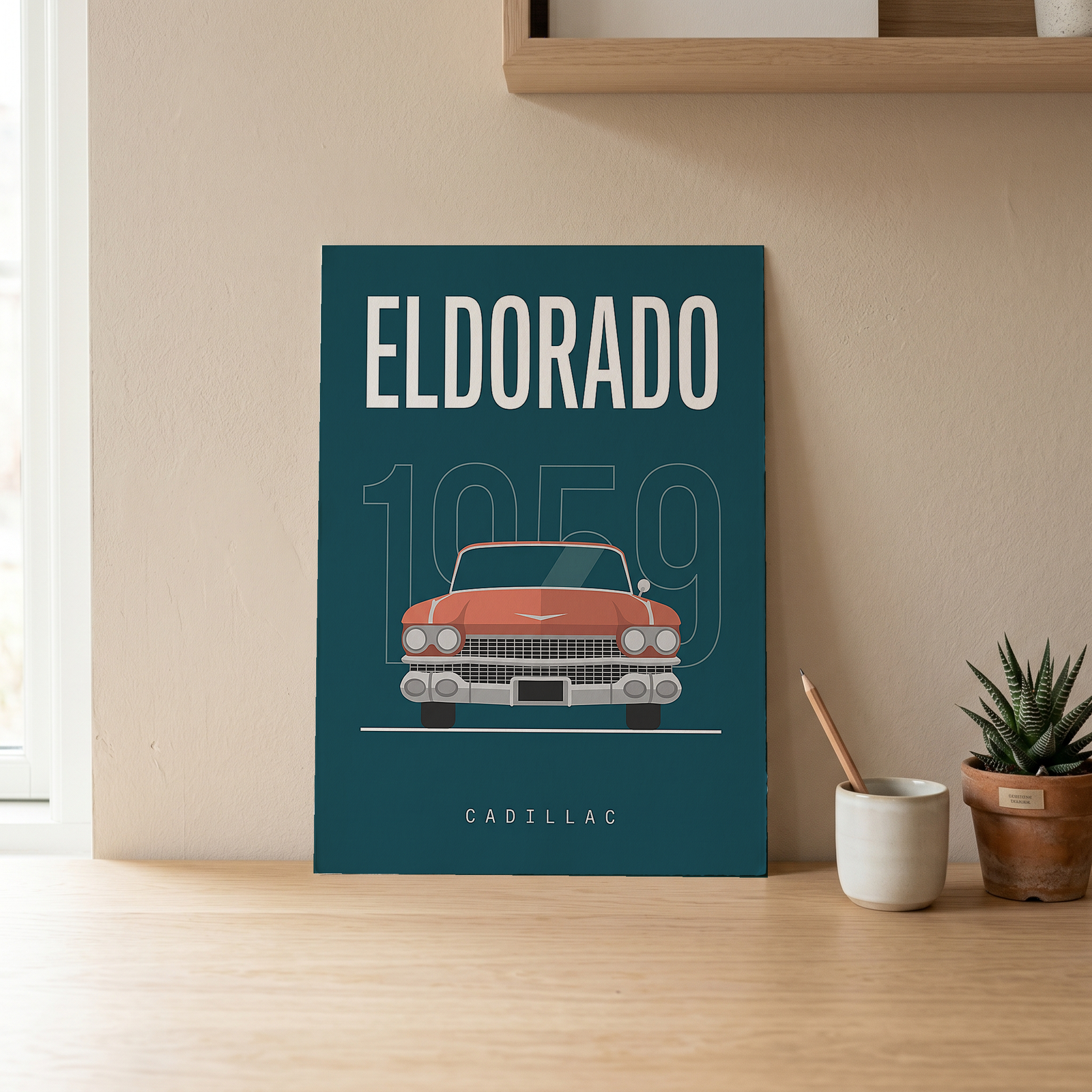 Cadillac Eldorado 1959 Minimalist Poster — Teal Tail-Fin Classic Line Art