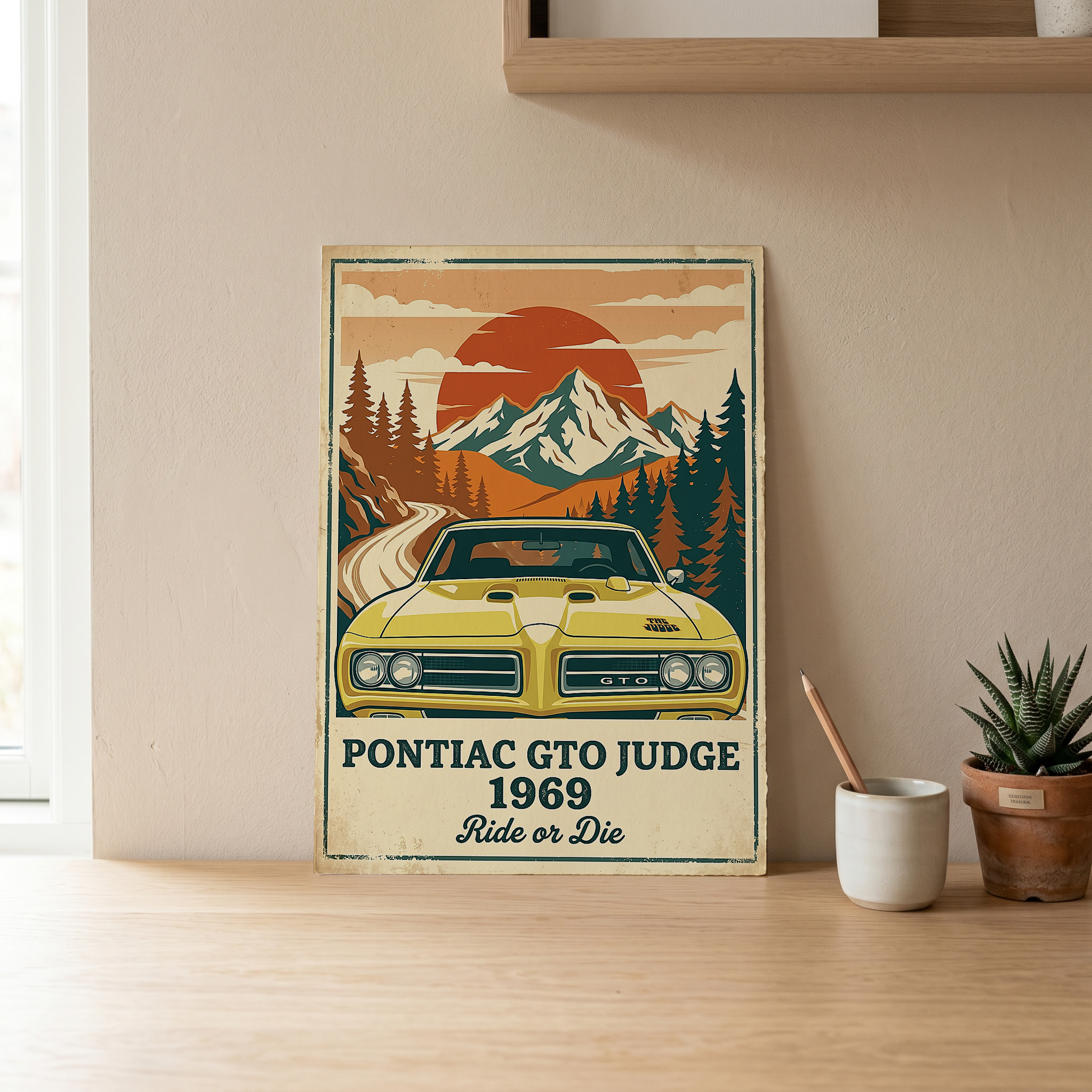 Pontiac GTO Judge 1969 Poster — Vintage Muscle Car Mountain Sunset Print