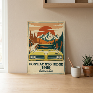 Pontiac GTO Judge 1969 Poster — Vintage Muscle Car Mountain Sunset Print