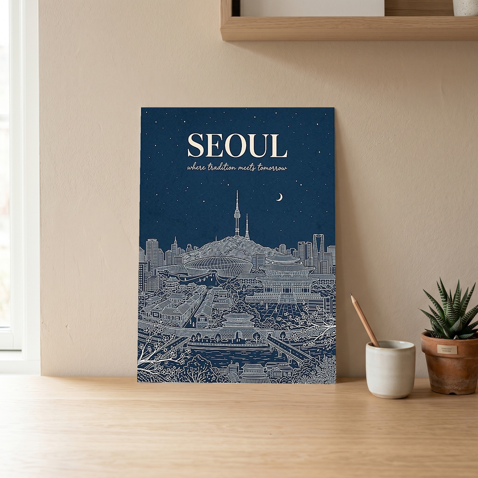 Seoul Line Art Print — Navy N Seoul Tower Gyeongbokgung Palace Skyline Wall Art
