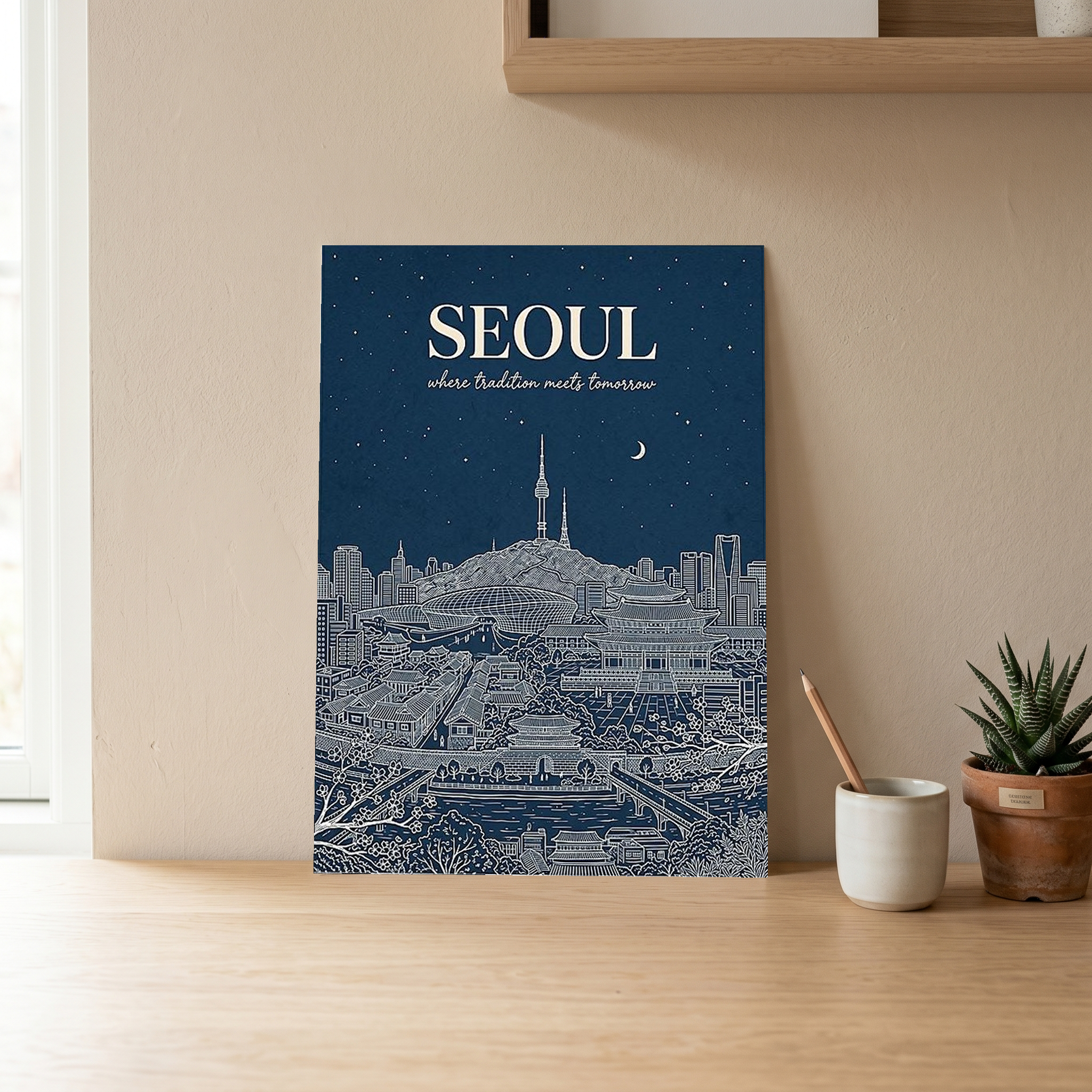 Seoul Line Art Print — Navy N Seoul Tower Gyeongbokgung Palace Skyline Wall Art