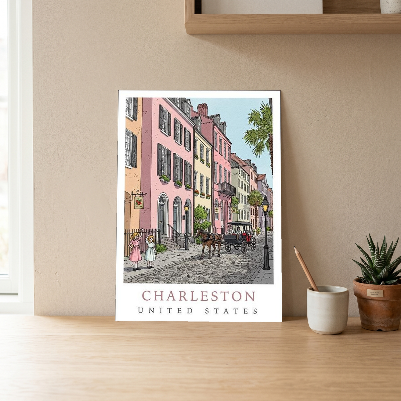 Charleston SC Travel Poster — Rainbow Row Carriage Ride Pastel Print