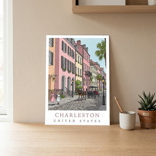 Charleston SC Travel Poster — Rainbow Row Carriage Ride Pastel Print