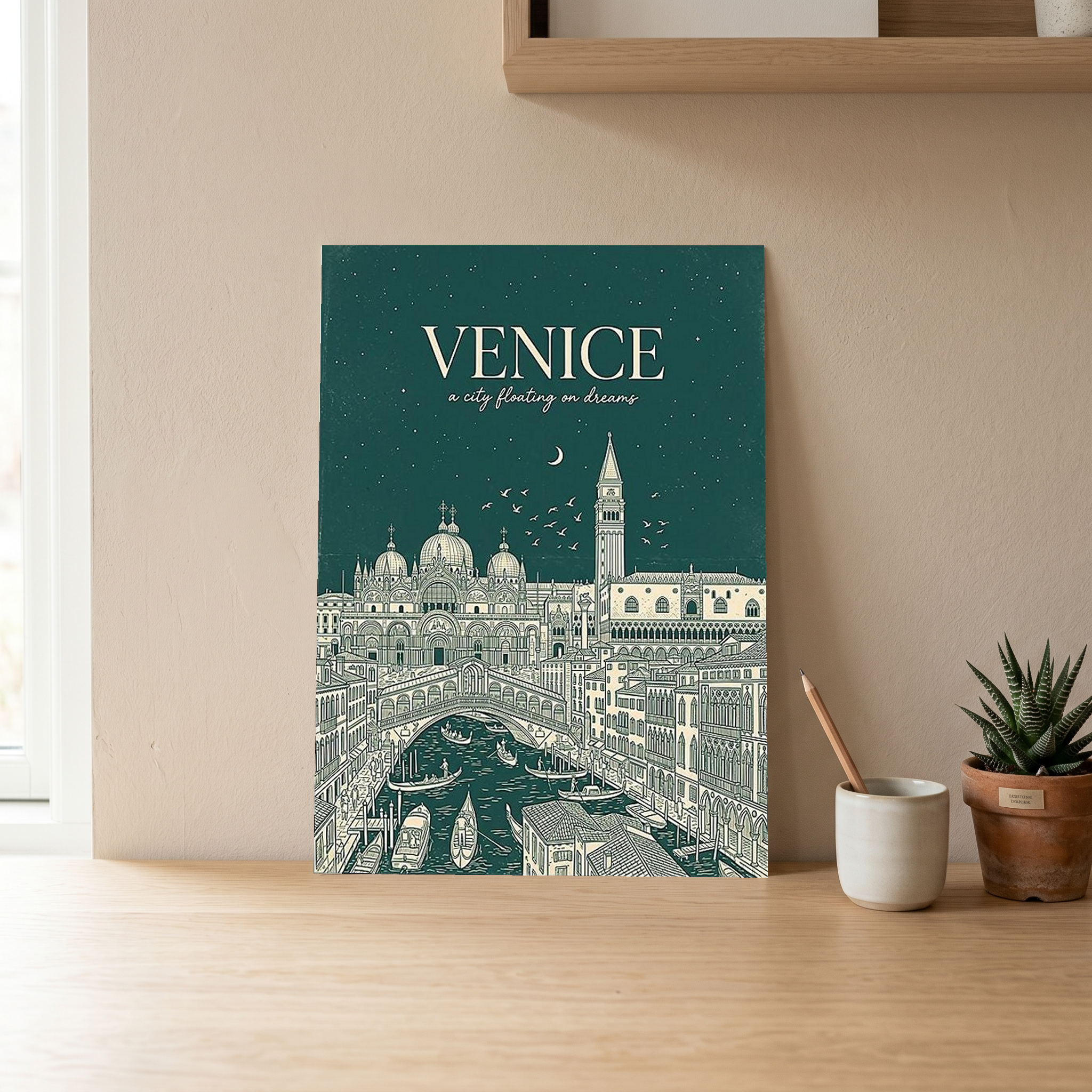 Venice Line Art Print — Forest Green St. Mark's Basilica Rialto Bridge Wall Art