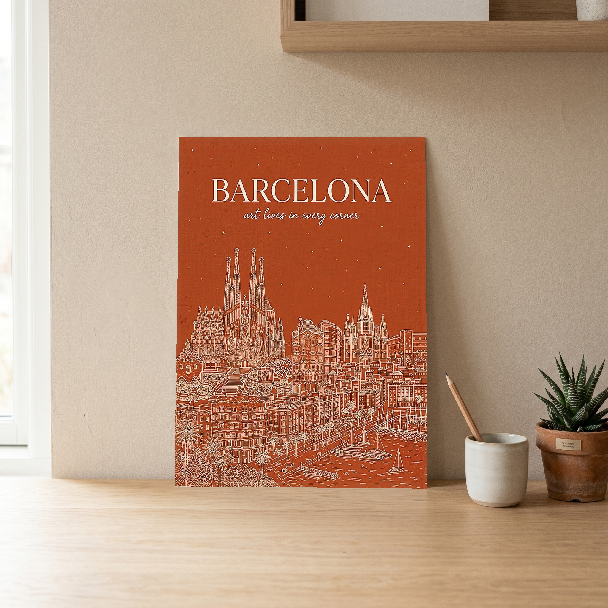 Barcelona Line Art Print — Burnt Orange Sagrada Familia Skyline Wall Art