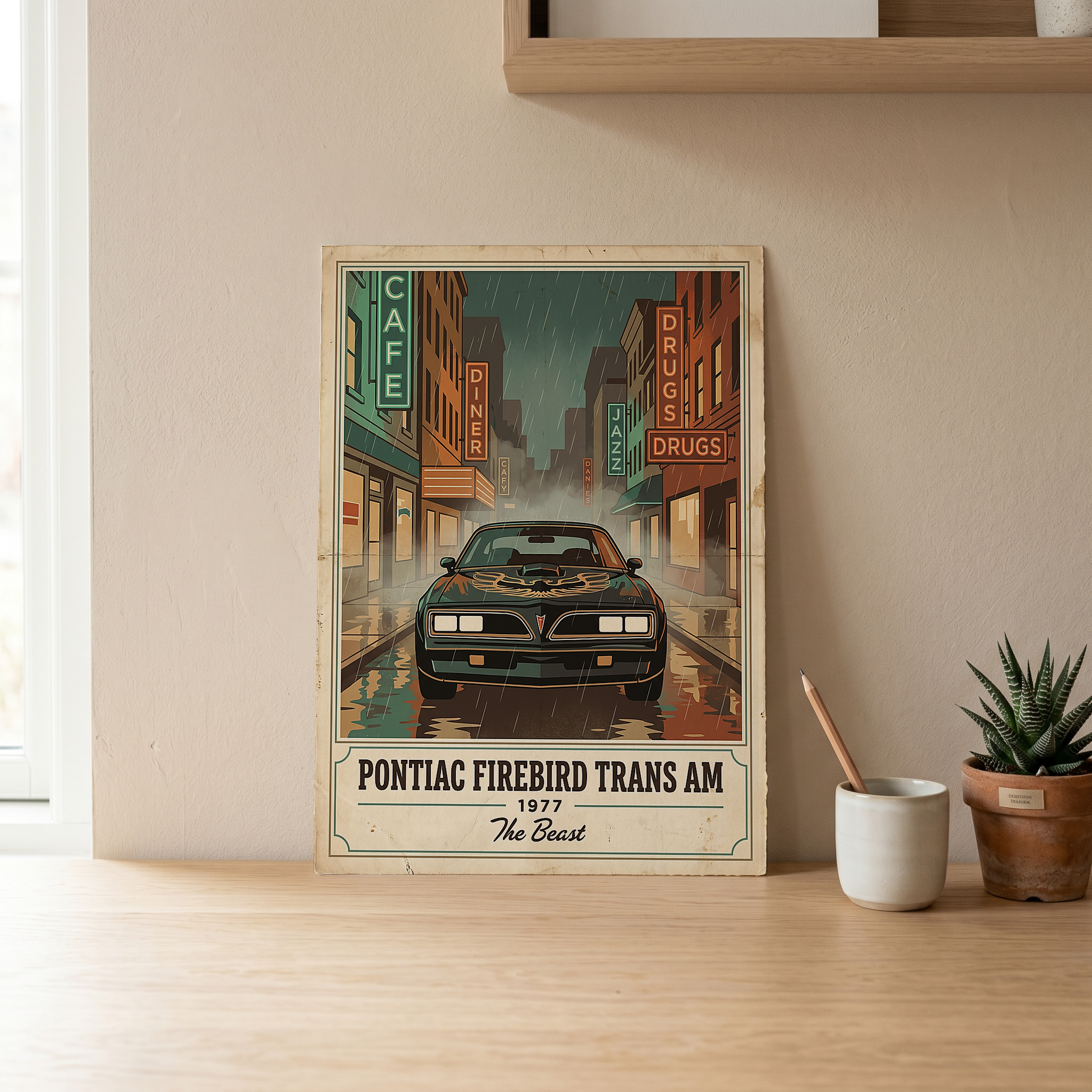 Pontiac Firebird Trans Am 1977 Poster — Vintage Muscle Bandit Rainy Noir Street Print