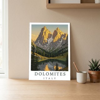 Dolomites Italy Travel Poster — Vintage Alpine Mountain Lake Print
