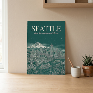 Seattle Line Art Travel Poster — Mount Rainier Cityscape Pacific Northwest Print